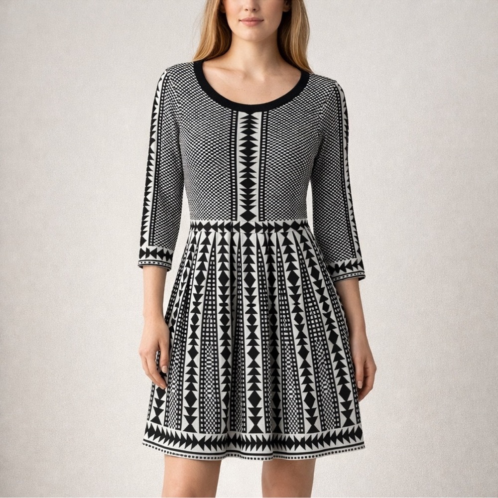 Nina Leonard Black & White Geometric Fit-and-Flare Dress size XL - Picture 4 of 7